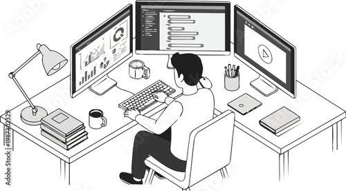 Software Developer Programmer Working at Desk with Multiple Monitors Line Art Illustration
