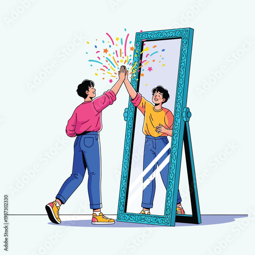 Positive self reflection showing young man giving high five to mirror image with confetti.