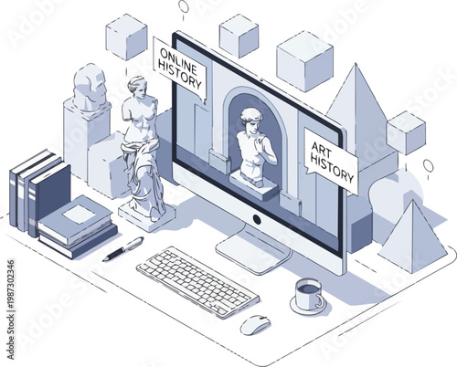 Online Art History Education Isometric Illustration with Classical Sculptures and Digital Learning Concept