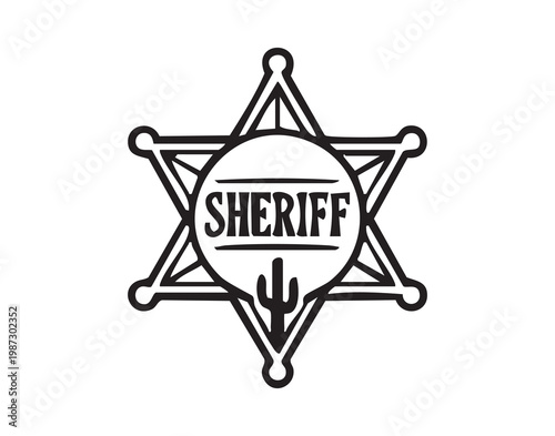 Minimalist sheriff badge icon western star emblem, clean monochrome lineart with cactus motif in center circle, bold sixpoint star outline, vectorready asset for logo, sticker, stamp, or poster,