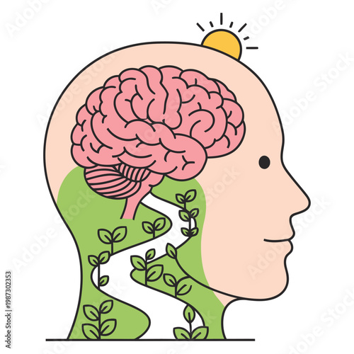 Human profile silhouette with path through nature landscape leading to brain and morning sun.