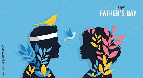 Happy fathers day illustration with colorful leaves and birds