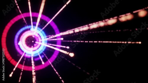 A vibrant, multi-colored circular hub in hues of red, blue, purple, orange, positioned off-center left on a black void, pulsates, emitting intricate dashed light rays across a 16:9 frame, creating