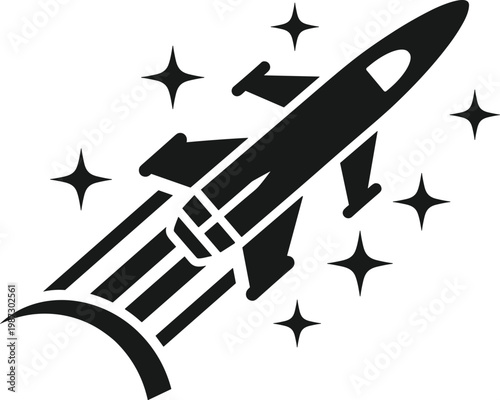 Rocket spaceship launching through stars for futuristic travel or space mission discovery concepts with propulsion flame.