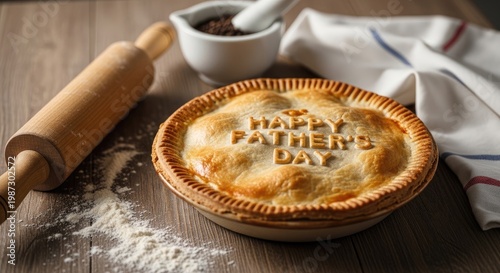 Happy fathers day pie with rolling pin and flour on wooden table