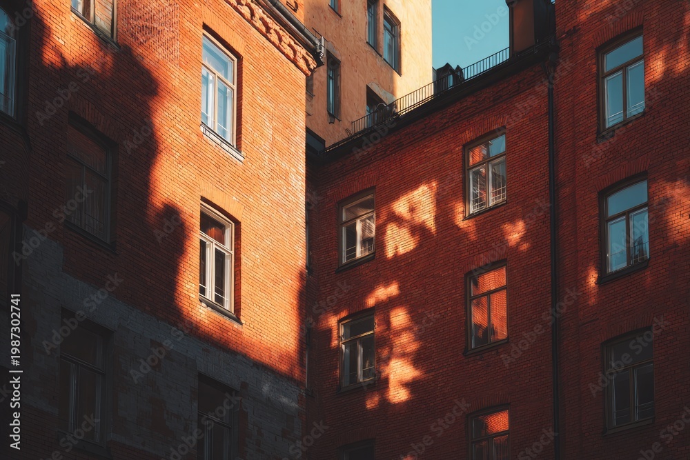 Fototapeta premium Warm sunlight illuminates textured brick buildings with shadows
