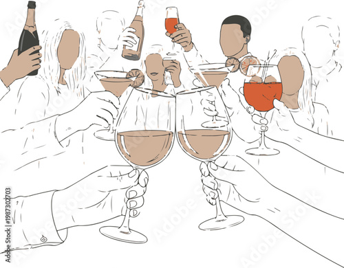 Group of Diverse Friends Toasting with Wine Cocktails and Champagne at Party Vector Illustration