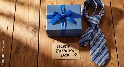 Happy fathers day gift and tie on wooden table with card