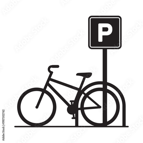 Black and white illustration of a bicycle and parking sign