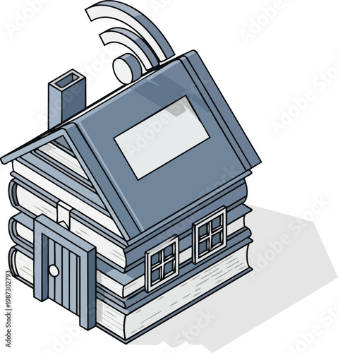 Isometric House Built with Books and WiFi Icon Representing Digital Library and Online Education Concept