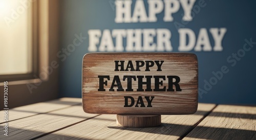 Happy father day wooden sign on a table with blue wall background