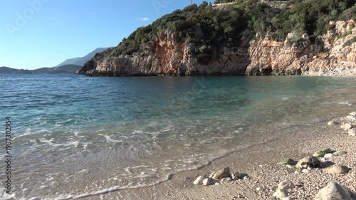 Kas, Turkey - 24 of February 2026: Clear turquoise water and rocky cliffs at Buyukcakil beach
