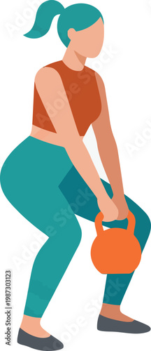 Woman performing kettlebell squats fitness workout flat vector illustration isolated on white background