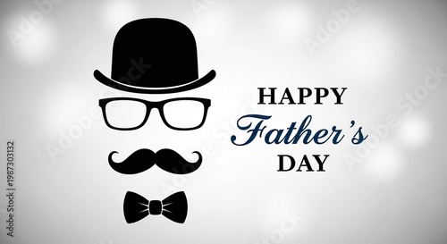 Happy fathers day greeting card with face made of hat, glasses, mustache and bow tie