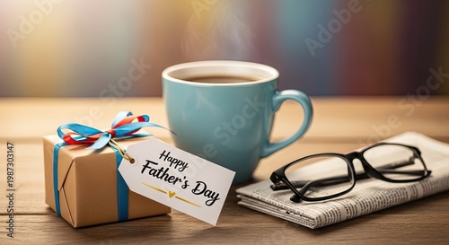 Happy fathers day gift with coffee and glasses on wooden table