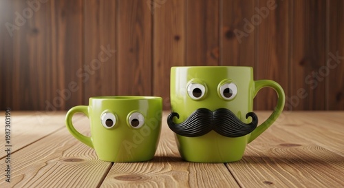 Two green mugs with eyes and mustache on wooden table