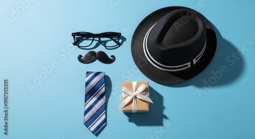 Fathers day gift ideas with accessories on blue background