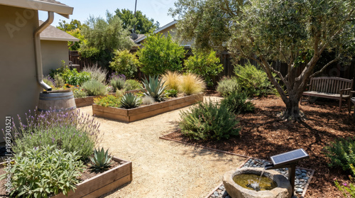 Sustainable backyard gardening with living plants and raised beds creates peaceful outdoor space promoting sustainability and natural beauty