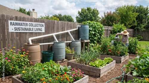 Rainwater collection system supports sustainable living with gardening in backyard where person waters plants promoting eco friendly living