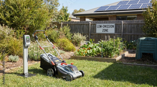 Electric lawn mower in backyard garden with solar panels on house roof promoting sustainability and living in low emission zone for gardening