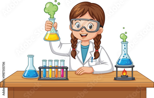 Cute Cartoon Girl Scientist Doing Chemistry Experiment with Colorful Test Tubes and Flasks in Laboratory School Vector Illustration