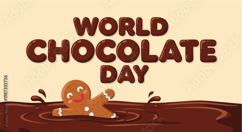 Gingerbread man in chocolate puddle on World Chocolate Day in playful festive colorful illustration for holiday greeting card