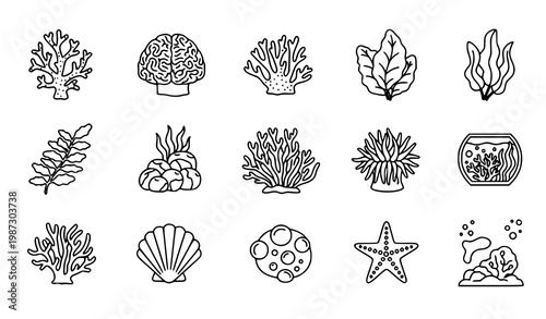 Coral reef 15 icon set seaweed marine flora underwater outline vector