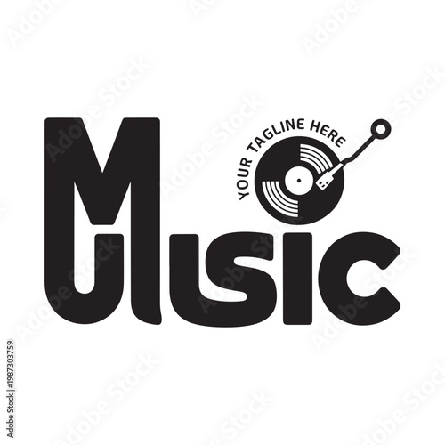 Black and white logo featuring the word music with a record player