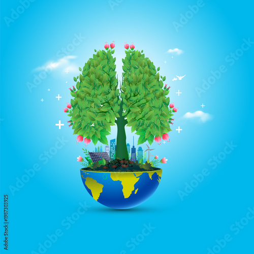 Conceptual background for World Environment Day: a tree growing in the shape of lungs on a half-cupped Earth, symbolizing the development of a sustainable green environment with a city skyline.