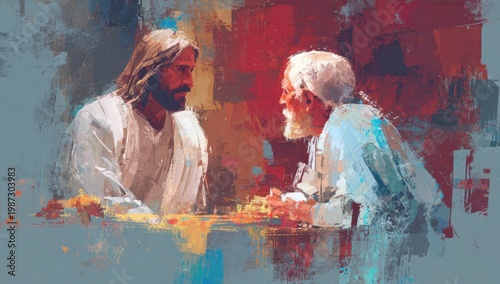 Painting of Jesus and another man sitting at a table and talking.