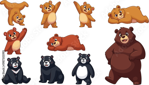 Cute Cartoon Bear Character Set with Brown and Black Bears in Different Poses Dancing, Sleeping, and Walking Vector Illustration