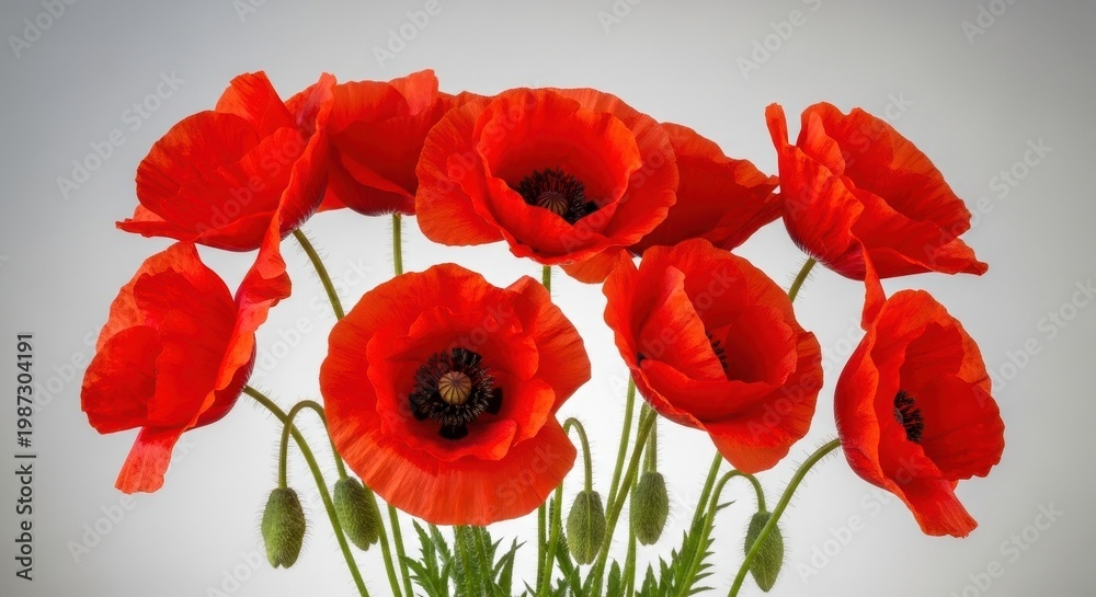 Obraz premium A vibrant bouquet of bright red poppy flowers with green stems isolated on a soft grey background