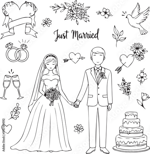 Wedding Celebration Set with Bride and Groom and Romantic Marriage Icons Vector Illustration