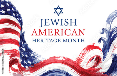 Jewish American Heritage Month Banner With Star of David and Watercolor American Flag Waves
