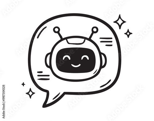 Friendly chatbot icon. Engaging conversational interface showing smiling bot inside speech bubble. Userfriendly digital helper with cheerful appearance within speech bubble communication design