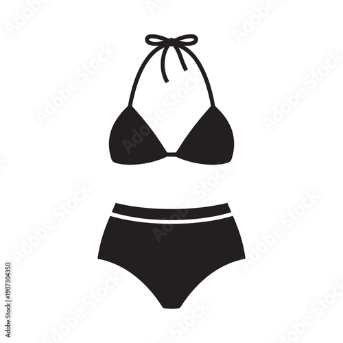 A black and white illustration of a bikini swimsuit with high waisted bottoms