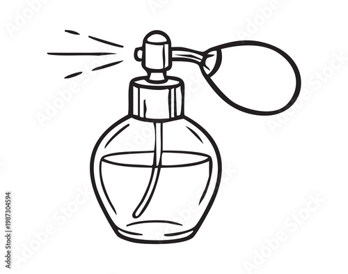 Vintage perfume atomizer bottle with pump spray, elegant line drawing conveying boutique fragrance and retro glamour, delicate mist lines suggest scent diffusion, perfect for beauty branding,