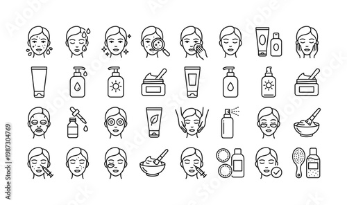 A collection of line art icons representing skincare, beauty, and facial treatments. Ideal for websites, apps, and promotional materials in dermatology and cosmetics.