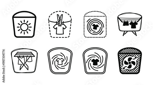 Clean line art laundry drying icons, illustrating sun, air, and tumble dry methods. Great for care labels, instructional guides, and digital applications.