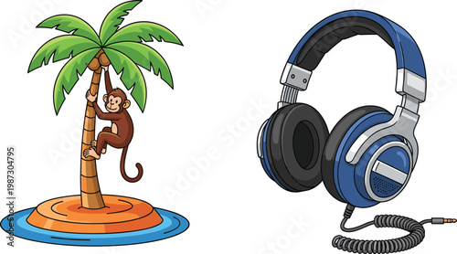 
Cute Cartoon Monkey Climbing Palm Tree on Tropical Island and Realistic Blue Headphones with Cable Vector Illustration Set