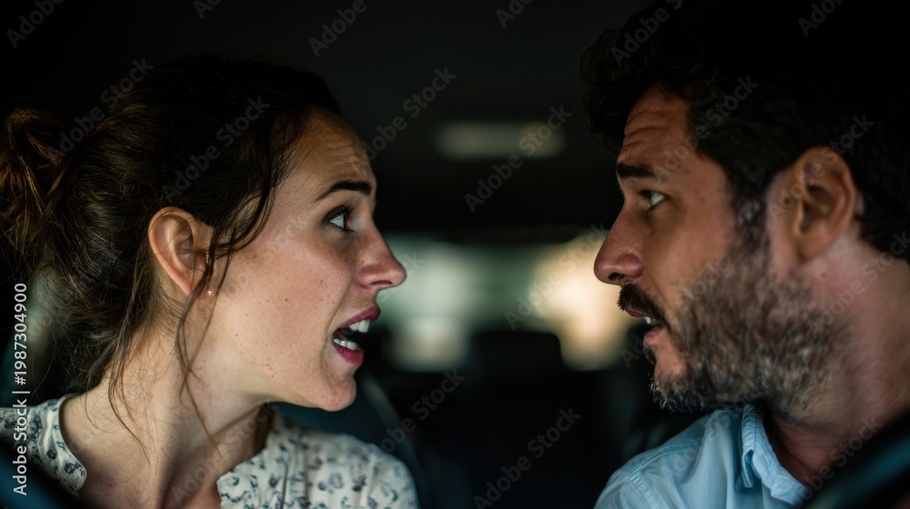 Naklejka premium A couple is arguing inside a car.