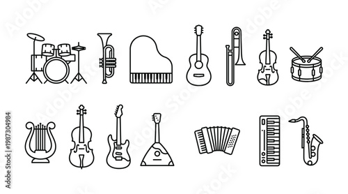 Modern vector outline icons of various musical instruments. Perfect for music-themed websites, apps, educational content, and graphic design projects. Clean and versatile.