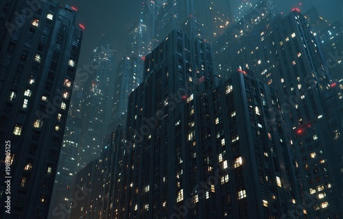Futuristic city skyscrapers glow at dusk, dense urban skyline at night