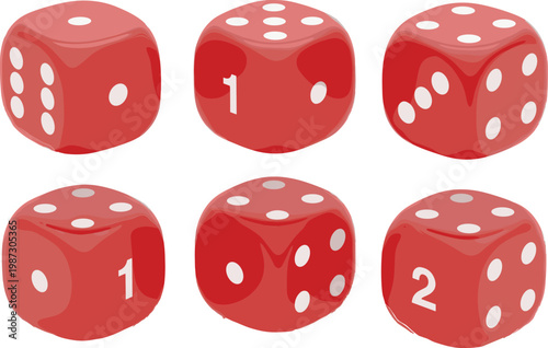 Realistic 3D Red Dice Set with White Dots and Numbers Showing Different Faces for Board Games and Casino Vector Illustration