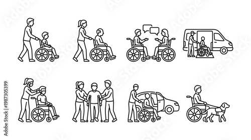 Collection of line art icons showing disability care, assistance, accessible transport, and social support for wheelchair users and people with limited mobility.