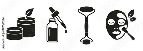 Collection of natural skincare product vector icons including creams, serum, face roller, and beauty mask application. Ideal for wellness and cosmetic branding.
