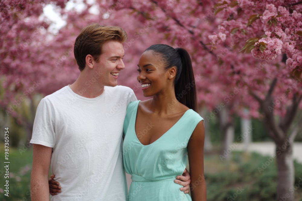 Fototapeta premium Male caucasian young female african young couple smiling beneath pink blossom trees in spring park