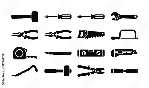 Vector set of black hand tool icons. Ideal for construction, repair, and DIY projects. Essential for websites, apps, and hardware store branding.