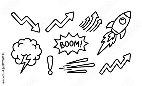 Hand-drawn vector doodles depicting business growth, decline, innovation, and impact. Perfect for presentations, marketing, reports, and websites.