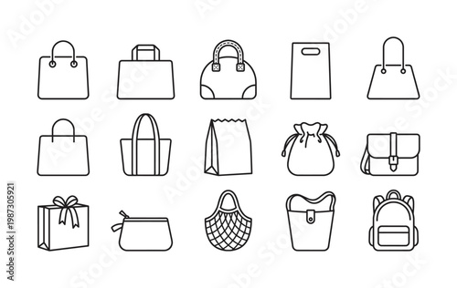 A versatile vector collection of various shopping bags, handbags, gift boxes, and delivery items. Perfect for e-commerce, retail, apps, and web design.